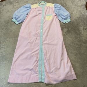 Saybury House Dress Womens Medium Blue Pink‎ Seersucker Button Front Vintage